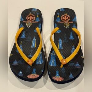 Tory Burch Flip Flops Thong Sandals Printed Logo Orange Size 8